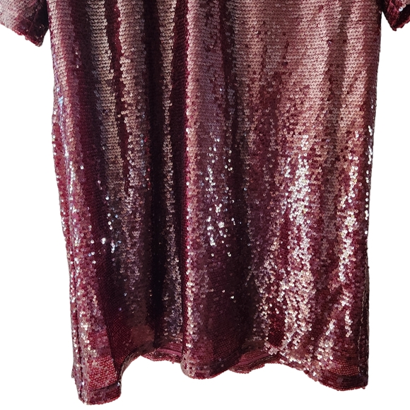 City Chic Burgundy Sequin Short Sleeve V Neck Pullover Party Shift Mini Dress - Picture 3 of 8